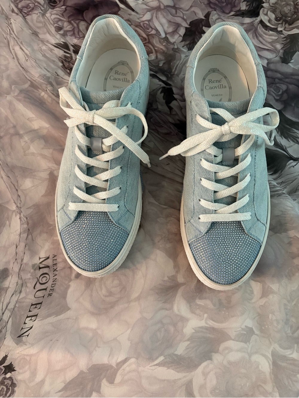 Rene Caovilla Light Blue Low-Top Sneakers with White Laces
